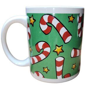 Christmas Holiday Seasons Candy Cane & Stars Coffee Cup Mug 10oz Festive Green